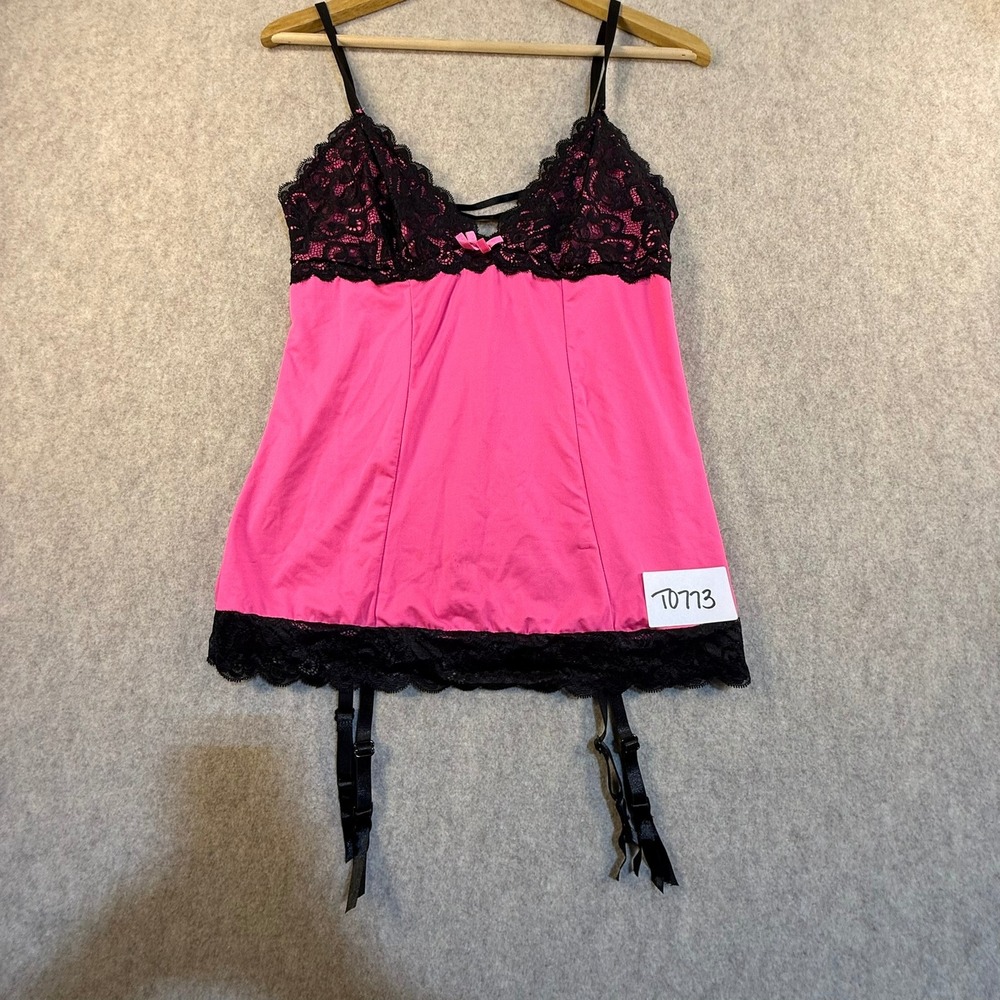 Rene Rofe Lingerie Hot Pink Black Lace Garter Chemise Corset Back Womens M/L